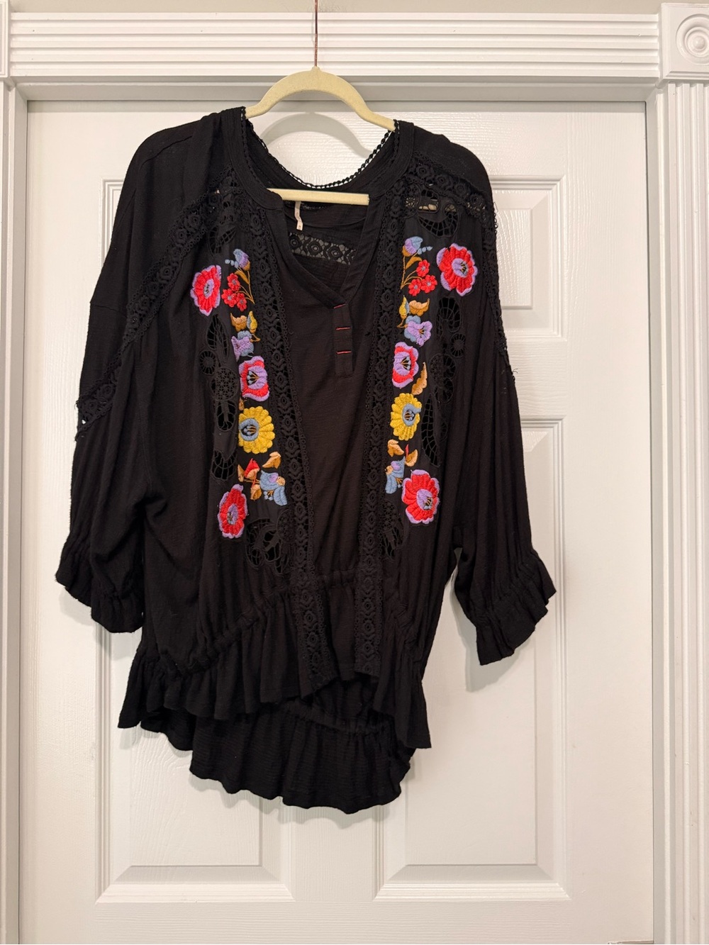 Free People Black Floral Embroidered Boho Tunic